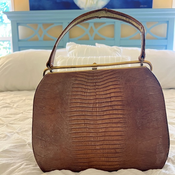 Vintage Bellestone Brown Minimalist Structured Frame Lizard Top Handle Purse - Picture 1 of 12